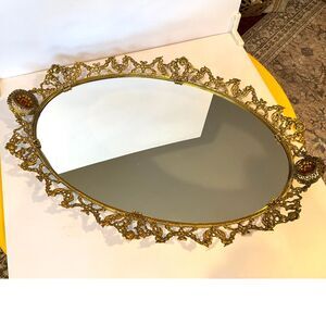 Stunning vintage gold trimmed mirrored dresser tray Ormolu Hollywood Regency